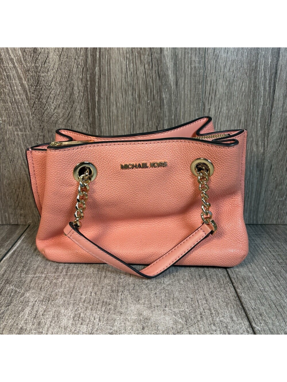 Michael Kors Coral Pink Pebbled Leather Chain Shoulder Tote Bag Gold Hardware